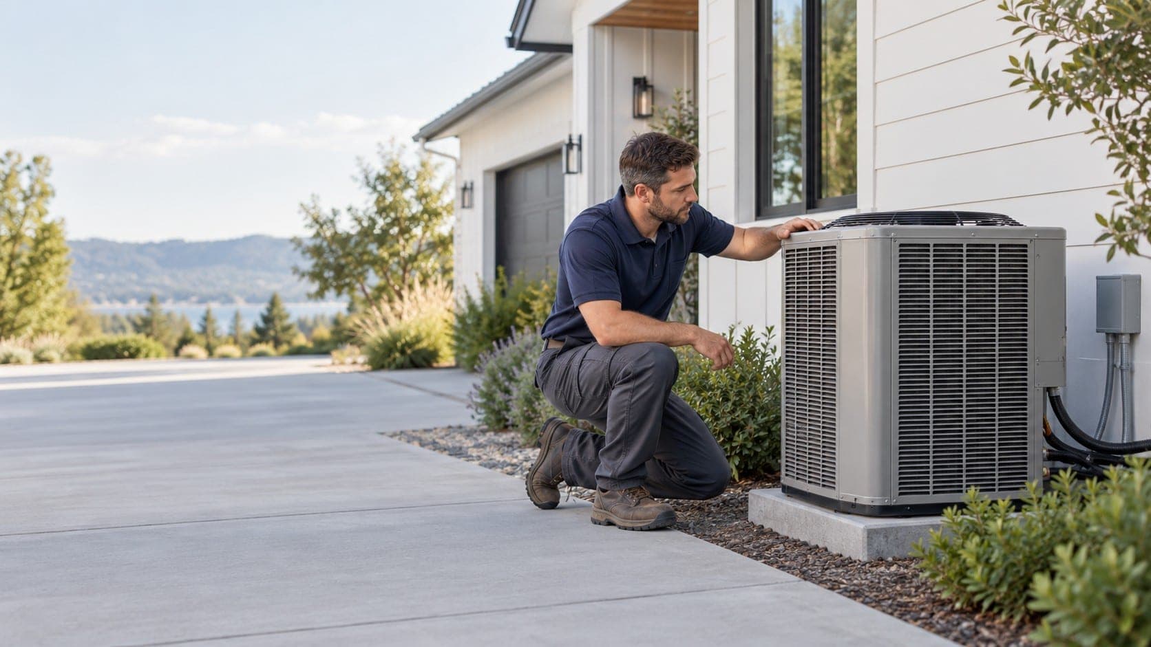Install Direct technician kneeling beside a new outdoor AC unit next to a white house